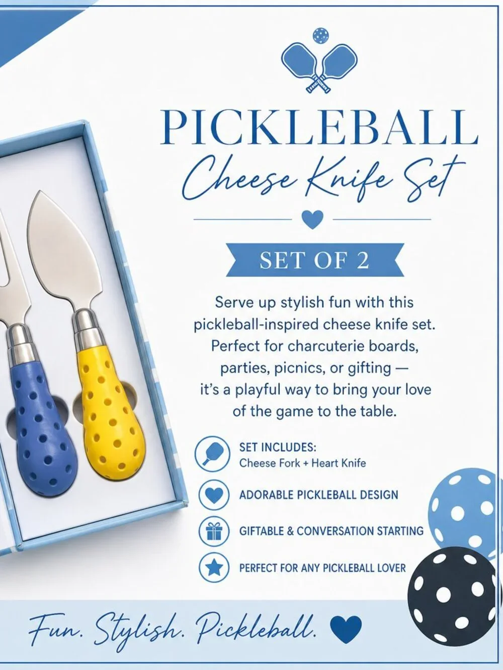 2 Pickleball Cheese Knife Sets • Set of 2 • Blue & Yellow / Blue Duo